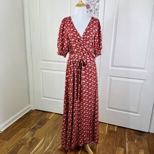 Natural Life Sophia Ditsy Floral Wrap Maxi Dress in Red Size L Boho  Peasant Sun
